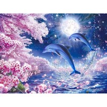 지산 DIY 보석십자수 (캔버스형) 50x40cm, AD06 돌고래와 벚꽃나무
