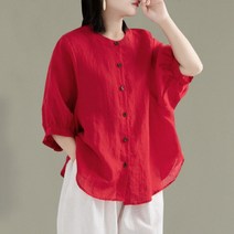 누블랑 여름 빅 사이즈 루즈핏 리넨 셔츠 여자 솔리드 캐주얼 커팅 벌룬 셔츠 얇은 면마 톱