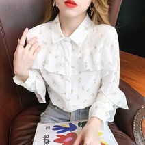 MOLLEY 꽃무늬 쉬폰 셔츠 여성 긴팔 프릴 블라우스 상의