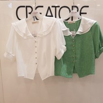 끄레아또레 이중카라 귀여운 콩단추 블라우스