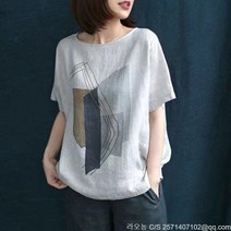 라오농 빅사이즈 프린트 린넨 티셔츠 라운드 반팔셔츠 여성복 +KII05X