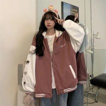 야구잠바 남자야구점퍼 대학과잠 블루 프린트 캐주얼 루즈 재킷 재킷 후드 여성 코트 여성 가을 겨울 코트 스포츠 스타일