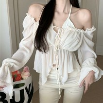여리여리 홀터 프릴 리본 쉬폰 블라우스 화이트 살구핑크 블랙