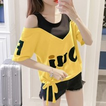 바비썬 F655 (사은품제공)아오이어깨트임 여성 여름 반팔 티셔츠 리본포인트 상큼 반소매 오프숄더 티