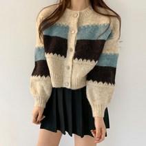 세미크롭 3단 배색 베이지 블루 라운드넥 벌룬 복고풍 도톰 니트 반크롭 스웨터 단추 가디건