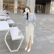 미스손 블루 니트 레이스 긴팔 셔츠+롱 스커트 상하세트 M173