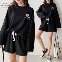 여성 데이지 루즈핏 티셔츠 밴딩 반바지 트레이닝세트
