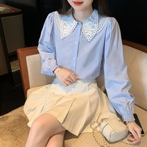 레이스 카라 블라우스 봄 긴팔 스모크 블루 오픈 77사이즈