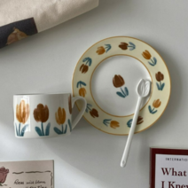 빈티지 튤립 커피잔 접시 세트 플라워 머그컵 컵앤소서, 컵+받침세트