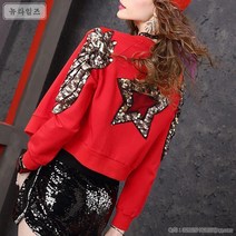 여성 스팽글 숏 집업 자켓 야구 항공 점퍼 클럽 힙합 레드 뉴타임즈 +a12