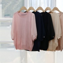 CLN-쉬폰 7부 라운드 니트 블라우스(5colors)