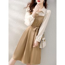 가을 가을 패치워크 투피스 기질 미디 긴팔 셔츠 원피스