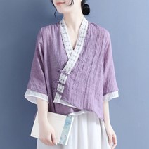 YAPOGI 상의 레이스 사선 플랩 스트랩 칠부 남방 여가조 투피스 면마 빈티지 티