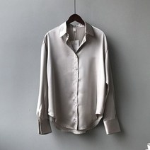 코발트 블루 셔츠 파란색 블라우스 남방 난방 봄 턴 다운 칼라 흰색 느슨한 새틴 솔리드 캐주얼 버튼 실크 11355
