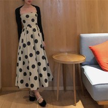 도트 프렌치 빈티지 롱스커트 무릎 오버핏 드레스 나시 원피스