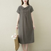 Yanda 여름 여성 빅사이즈 잔체크 루즈핏 린넨 반팔 원피스