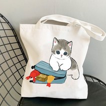 에코백 운동 데일리 천 가방 심플 일본 Mofusand 고양이 흰색 캔버스 여성 쇼핑 동물 어깨 재사용 교사 학생 책