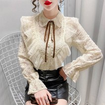 프릴 블라우스 여성 초창기 느낌 미니멀 긴팔 넥 레이스 코디 서양풍