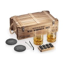 Mixology & Craft 남성용 위스키 스톤 선물 세트 목제 아미 크레이트 화강암 바위 8개와 10온스 잔이 포함된 글라스 및 남성 아버지 남편 남자친구를 위한, Whiskey Rocks