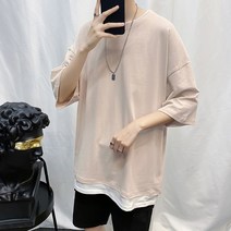 오너클랜 남성 이중레이어드 반팔티 5부 라운드티 오버핏