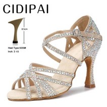 CIDIPAI 라틴 댄스 신발 여성 살사 공연 볼룸 반짝이 실내 파티 황금 결혼식, 없음, Golden  8.5cm heel+7
