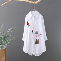 리본블라우스 왕리본 여성 코튼 자수 긴 흰색 셔츠 느슨한 봄/가을 새로운 캐주얼 오피스 레이디 블라우
