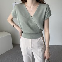 바이단미 여성용 봄 여름 미니멀 여성스러운 브이넥 랩 반팔 니트