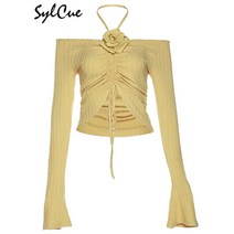 실큐 솔리드 컬러 니트 로즈 스위트 활기찬 다목적 고급 청소년 자신감 여성 트럼펫 슬리브 플리츠 탑 티