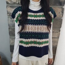 상상그이상 여성용 국내제작 쟈가드 니트조끼 부드러운 찰떡 폴라 코디세트 브이넥 기하학 패턴 루즈핏 편하게 입을 수 있는 코디염려없는 레이어드 조끼세트