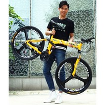 초경량 자전거 접이식 유인 가변 속도 산악 자전거 성인 남녀 학생 전거, 27단, 24인치, 노란색 3칼날 휠