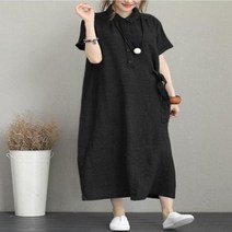 상견례옷차림 예복 아나운서 원피스 여성 여름 새로운 숙녀 느슨한 드레스 솔리드 컬러 코튼 린넨 옷깃 반팔 복장 여성의 중간 길이 편안하고 통풍
