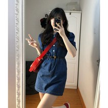 빈티지데님원피스 프렌치 클래식 반팔 청 여성 2022 년 허리보정 버튼 단추 디자인감각 보이핏 볼륨 힙랩 4816011328