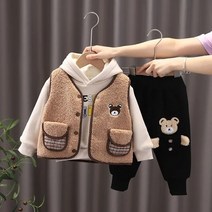 Tengduo 유아동 남아 기모 후드티 조끼 하의 세트 1-3세 남자어린이 겨울외출복 따뜻한 상하복 세트