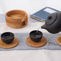 라탄 티코스터 컵 받침대 8cm 6P 홀더 세트 우드 코스터, 라탄티코스터6P+홀더