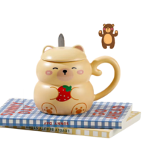 BLOWFISHFUGU 캐릭터 애니멀 도자기 컵 동물컵 예쁜 머그컵 세트 아침 식사 잔 뚜껑+물컵 판다+고양이+곰+개구리, 1P, 곰돌이