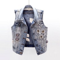 슬림 자수 디스트로이드 데님 베스트 숏 청조끼