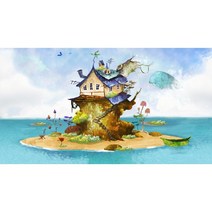 Bj 그림벽지 AT269698 일러스트 외딴 섬 집 뮤럴벽지 (120x85cm), 접착시트지(유리용)
