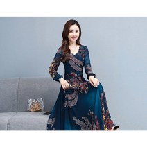 원피스 봄가을 허리 조임 날씬해 보이는 플라워 쉬폰 원피스 블루 롱 루즈핏 캐주얼 원피스