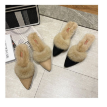 블랙 밍크 퍼 뮬 발편한 통굽 키높이 플랫 실내 실외 겨울 트랜드 슬리퍼