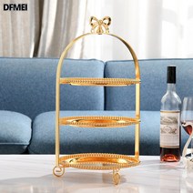 DFMEI 이중 삼중 케이크 홀더 애프터눈티 과일 케이크 접시 디저트 스탠드 리본 딤섬 트레이 웨딩, 3단 선반 + 25cm 접시 금 3개 과일 포크 3개