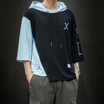 여름 일본 스타일 인스 조합 반팔 티셔츠 남성 브랜드 홍콩 스타일 루즈 쇼트 슬리브 힙합 후드티