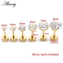 Alisouy 2 개 스테인레스 스틸 남여 라운드 크리스탈 지르콘 귀 스터드 4 프롱 Tragus 연골 피어싱 보석, [02] EM0803D Gold Color, [06] 8mm, 02 EM0803D Gold Color_06 8mm