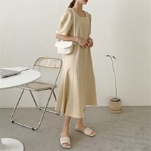 여자 스퀘어넥 교생룩 무지 퍼프소매 반팔 롱원피스