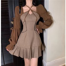 DFMEI.봄여름 스커트--Stunning dress.스타일리시한 스커트 프렌치넥 긴팔 원피스 쇼트A라인 스커트녀