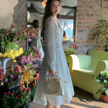 긴팔 브이네크 잔꽃 코디피셜 롱원피스 레이스