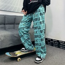 여성 남자 캐릭터 레터링 와이드 트레이닝 팬츠 스트리트 힙합 댄스 바지 허리 밴딩 커플