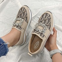 슈아 가죽 사각 보석장식 에어쿠션 밴딩 키높이 슬립온