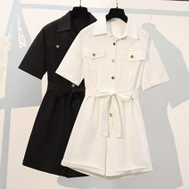 더블 플랩 포켓 벨티드 카라 면반팔 반바 숏 점프수트