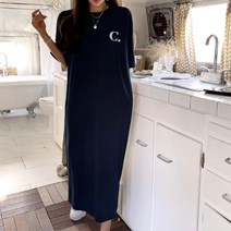 네모엔룩 여성용 맥시레터링 라운드넥 반소매 롱 원피스