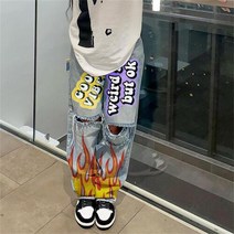여성청바지1 여자의 높은 허리 거리 INS 그물 빨간 블로거 성격 편지 인쇄 스케이트 보드 청바지 찢어진 스트레이트 바지